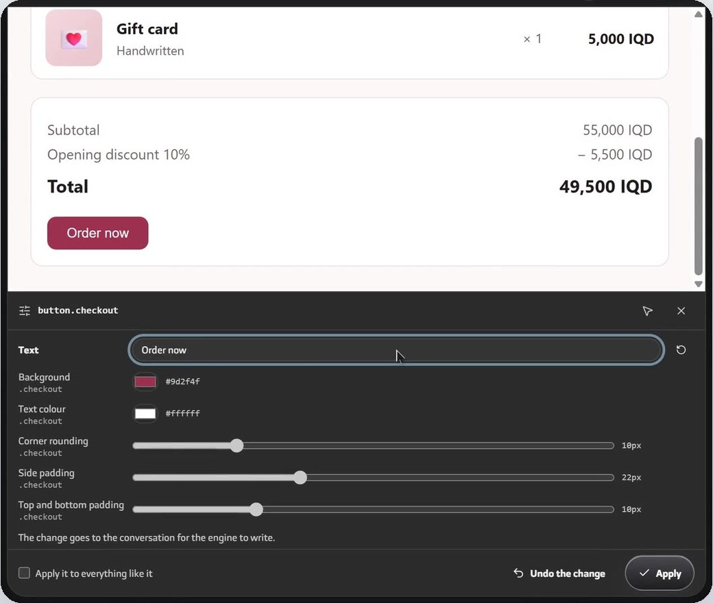 Noah's Edit by eye panel for a checkout button: text, background, text colour, corner rounding and padding, with Apply and Undo the change.