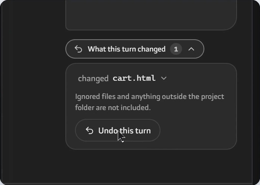 A changes card under the conversation: changed cart.html, with an Undo this turn button.
